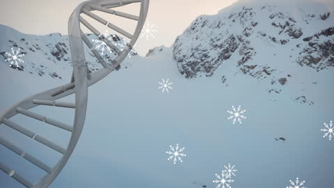 Rotating DNA Animation with Snowy Mountain Background