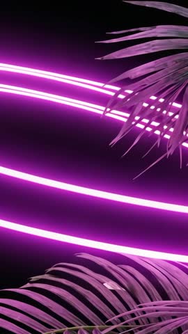 Pulsing neon arcs with purple palm fronds — vertical looping background video