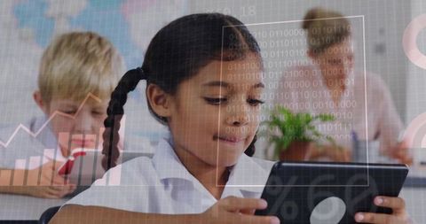 Schoolgirl holding tablet and tapping screen in classroom with digital learning overlays