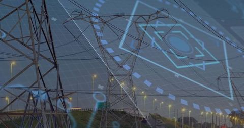 Futuristic power lines over highway at dusk with digital overlay