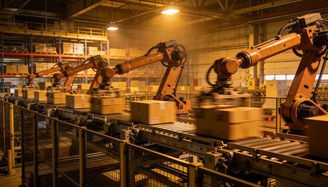 Automated conveyor with robotic arms moving cardboard boxes inside warehouse logistics hub