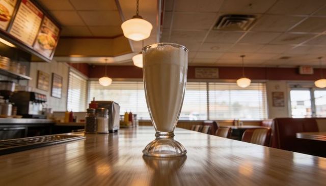 Retro diner milkshake glass on wood counter with frothy foam, soft reflections and condiment caddy