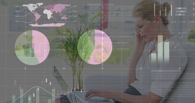 Businesswoman Analyzing Data Charts on Laptop with Transparent Overlays - Download Free Stock Images Pikwizard.com