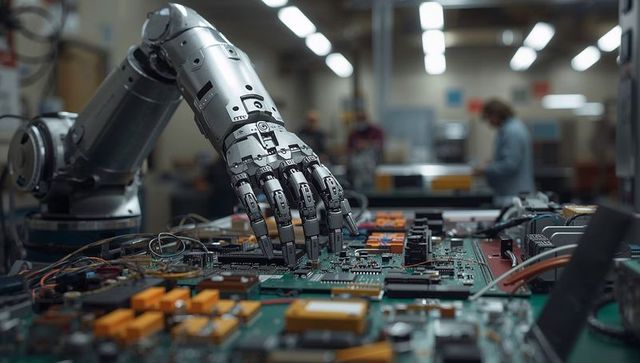 Multifingered robotic arm adjusting pcb components in electronics manufacturing laboratory