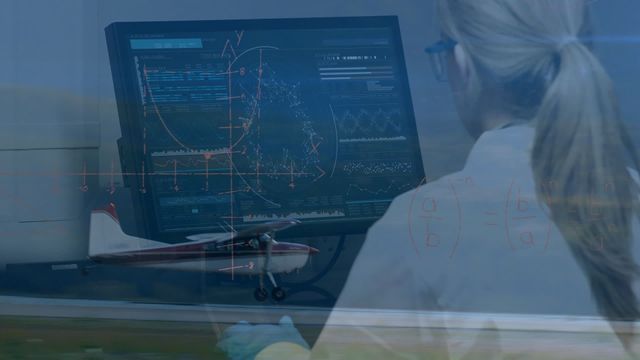 This scene involves a female scientist focusing on data analysis with complex mathematical equations visible over digital displays, and a landing airplane in the foreground. Useful in topics related to technology, science, healthcare, data analytics, avionic tech advancements, and innovations in research. Applicable in advertising educational courses in aviation data technology or scientific research.