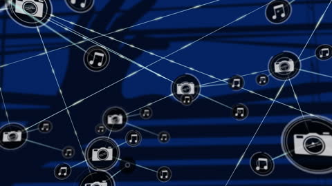 Global Network of Multimedia Icons on Blue Background