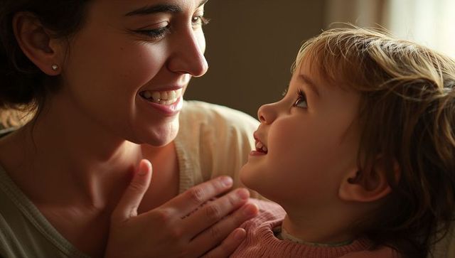 Mother and toddler sharing warm gaze, smiling bonding moment, tender family closeup portrait