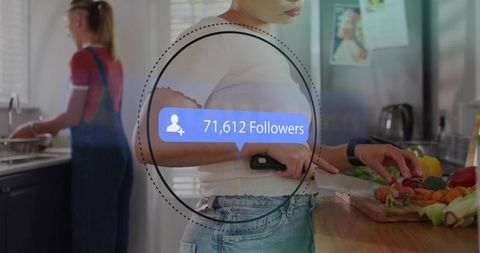 Social cooking influencer chopping vegetables with 71,612 followers overlay, home kitchen