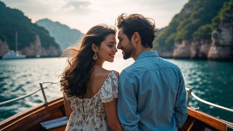 Romantic lovers embracing scenic boat journey amidst limestone cliffs