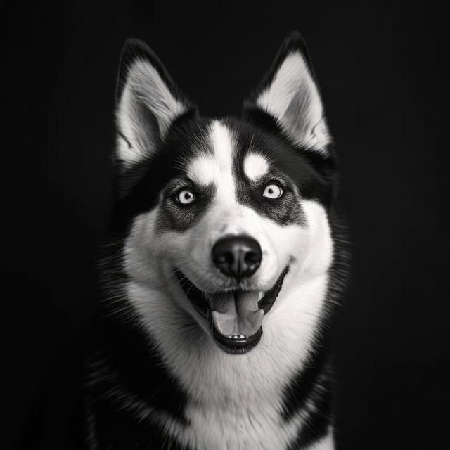 This image captures a striking black and white portrait of a happy Siberian Husky with piercing blue eyes. The Husky's relaxed and joyful expression is prominently featured against a dark background. This image can be used in pet-related blogs, advertisements for dog products, or as an eye-catching photo in personal collections or social media content focusing on dog lovers and canine enthusiasts.