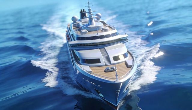 Sleek luxury motor yacht cruising open ocean with teak deck, bow wake and sunlit blue water