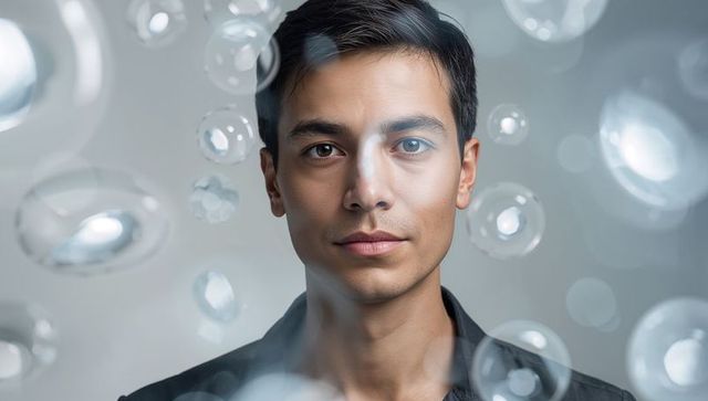 Posing asian man with floating translucent bubbles, modern studio headshot with bokeh orbs