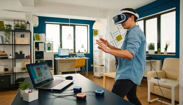 Man wearing vr headset gesturing in home office while using laptop and led controllers