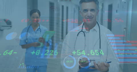 Doctor Analyzing Data with Healthcare Technology Overlay