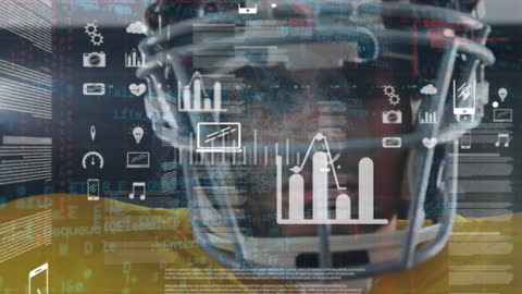 Digital Data Graphics Overlaying Football Helmet Face