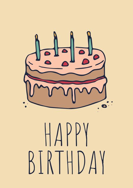 Hand-drawn illustration of a birthday cake with candles, set against a pastel yellow background with the text 'Happy Birthday' below. Ideal for greeting cards, birthday invitations, social media posts, and party decor. Creates a festive and cheerful atmosphere.
