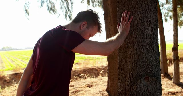 Young man leaning head on tree in sunny field, hand placed on trunk. Sung brightness and expansive green field in background. Ideal for concepts of contemplations, breaks, outdoor relaxation, mental clarity, inner peace enjoyment.