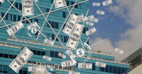 Raining us dollar bills over glass skyscraper with fintech network overlaying