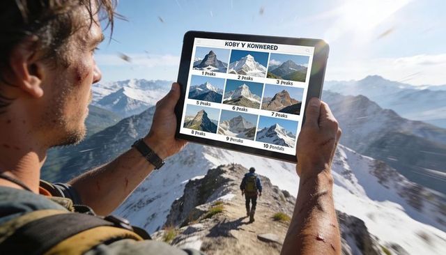 Hiker holding tablet browsing mountain peak gallery on alpine ridge, backpack and snow