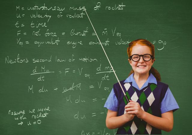 Young girl stands smiling in front of a chalkboard covered in complex mathematical equations. Uses her pointer to explain or demonstrate a concept. Ideal for educational materials, classroom teaching aids, websites and articles focused on children's education, and promotional materials for learning institutions.