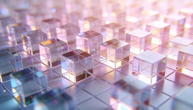 Glowing crystal glass cubes on reflective grid with pastel caustics and refraction