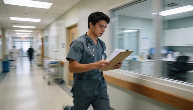 Hurrying male clinician reading clipboard in busy hospital corridor with stethoscope