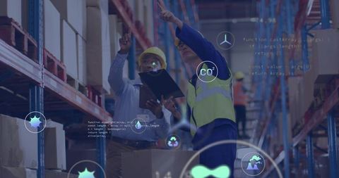 Warehouse Crew Conducting AR Inventory Check Pointing and Collaborating in Safety Gear