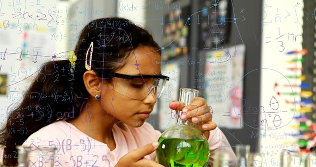 Image of mathematical equations over biracial girl smelling chemical in a flask at laboratory. School and education concept