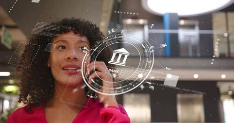 Innovative Banking Communication with Digital Interface in Modern Atrium