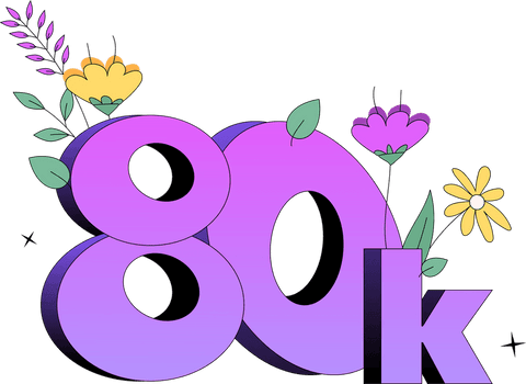 80k 3d text with floral accents on transparent background