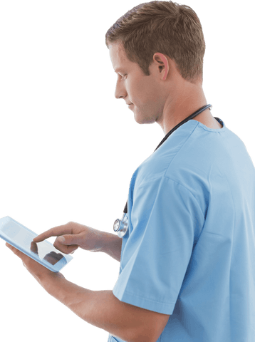 Medical Professional Using Transparent Digital Tablet
