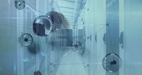 Futuristic data center with network nodes visualization