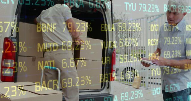 Delivery Workers Unloading Van with Stock Market Data Overlay - Download Free Stock Images Pikwizard.com