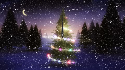 Snowy Night with Illuminated Christmas Tree in a Winter Wonderland
