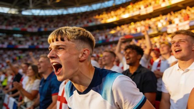 Young football fan cheering loudly in crowded stadium at golden hour