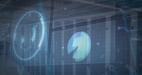 Futuristic Data Analysis Overlay on Server Room Background