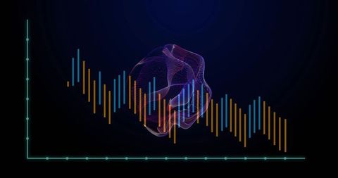 Neon wireframe particle hovering over cyan and orange bar chart for futuristic data visualization