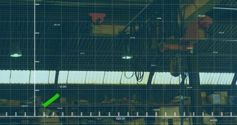 Overhead crane hoist showcasing red trolley and chain in industrial warehouse with grid overlay