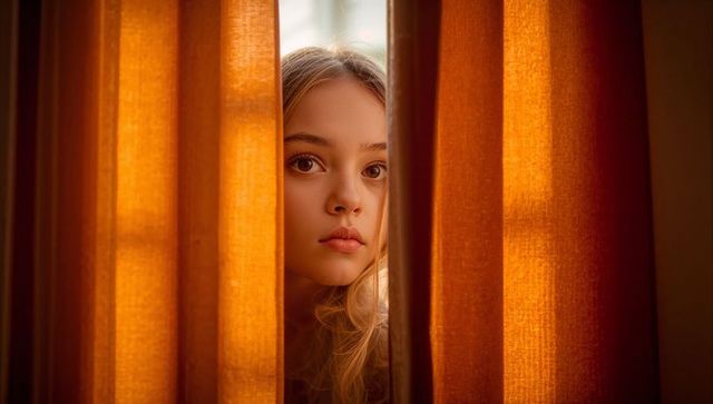 Teenage girl peering through narrow gap between warm orange curtains in soft home light