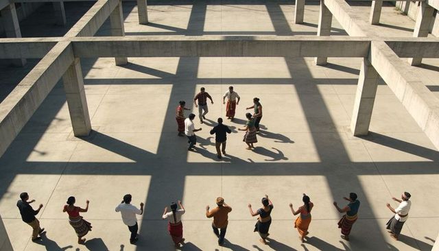 Traditional dancers forming sunlit circle under concrete beam grid in colorful saris