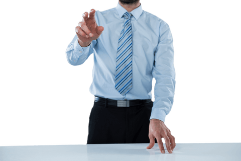 Midsection businessman touching transparent interface at desk