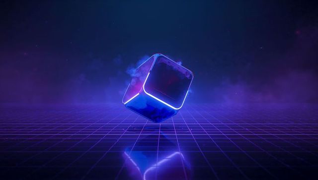 Floating neon-edged metallic cube amidstar a digital grid in cyberpunk realm