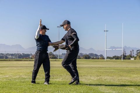 Two male teammates practicing catch and high-five drill on sunny grass field with goalposts