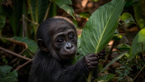 Baby gorilla clutching large leaf in lush rainforest understory