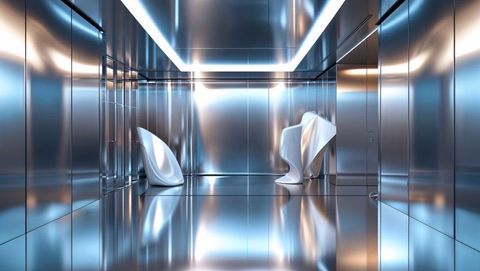 Futuristic metallic interior with sculptural chairs and led lighting