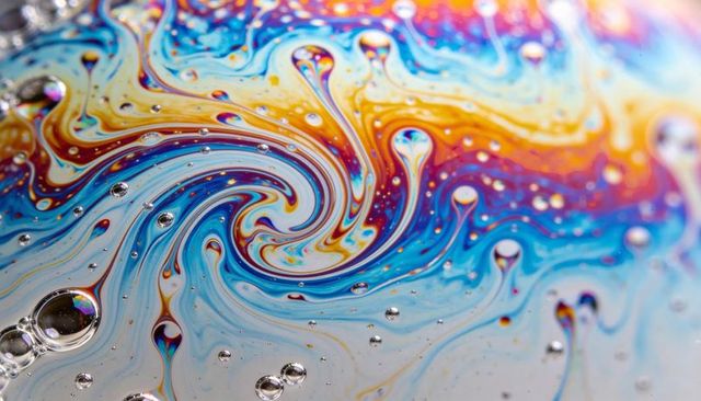 Swirling iridescent soap film vortex with colorful bubbles and droplets