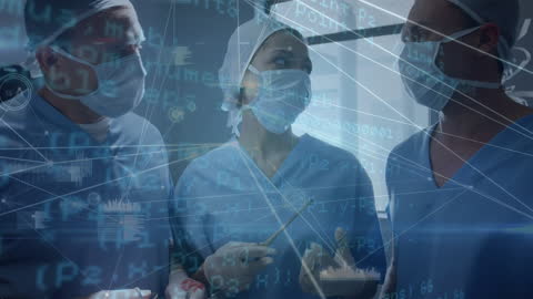 Diverse Surgeons Amidst Futuristic Data Overlays