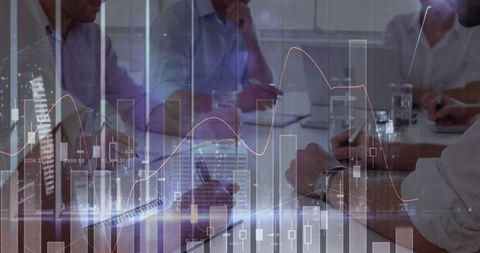 Business meeting with overlay of digital financial charts