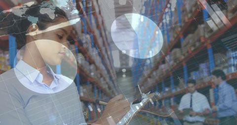 Woman Analyzing Logistics Data in Warehouse for Efficient Global Shipping