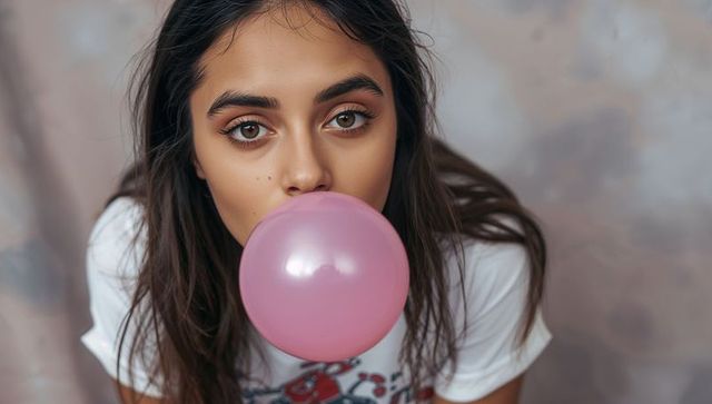 Close-up woman blowing pink bubble gum, playful makeup, intense brown eyes, studio portrait